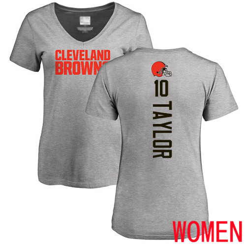 Cleveland Browns Taywan Taylor Women Ash Jersey #10 NFL Football Backer V-Neck T Shirt->women nfl jersey->Women Jersey